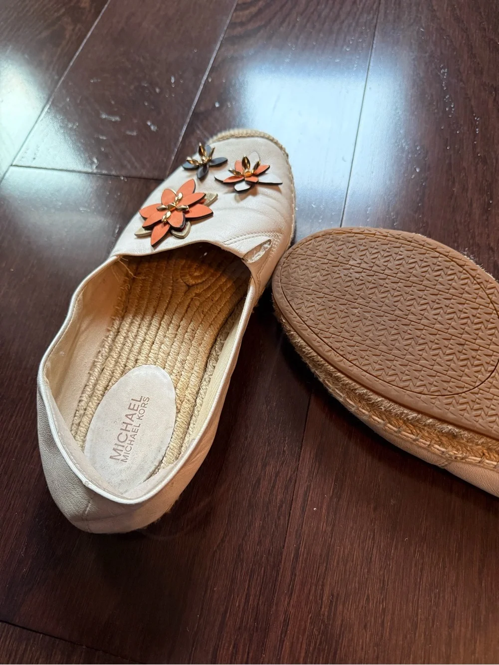 Michael Kors Cream Espadrilles with Orange and Gold Floral Embellishments
